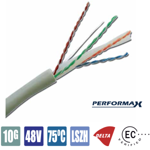 Cable de red Lanpro Performax. Sin blindar CAT 6A U/UTP con chaqueta color gris tipo LSZH con baja emisión de humo y cero halógenos.