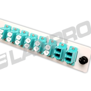 Panel adaptador tipo módulo UniFiber™ cargado con 8 piezas de adaptadores LC, Multimodo OM3/OM4 Duplex, PC, color Aguamarina (16 núcleos)