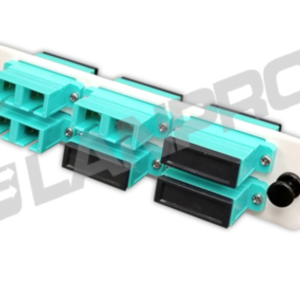 Panel adaptador tipo módulo UniFiber™ cargado con 6 piezas de adaptadores SC, Multimodo OM3/OM4 Duplex, PC, color Aguamarina (12 núcleos)