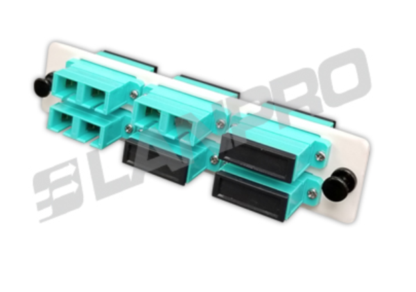 Panel adaptador tipo módulo UniFiber™ cargado con 6 piezas de adaptadores SC, Multimodo OM3/OM4 Duplex, PC, color Aguamarina (12 núcleos)