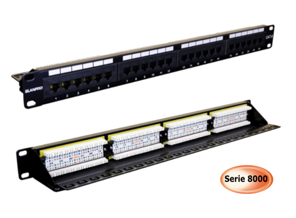 Patch Panel Cat 6 de 24 puertos con barra de soporte y ángulo de entrada en 90 grados de la serie 8000 sin blindaje